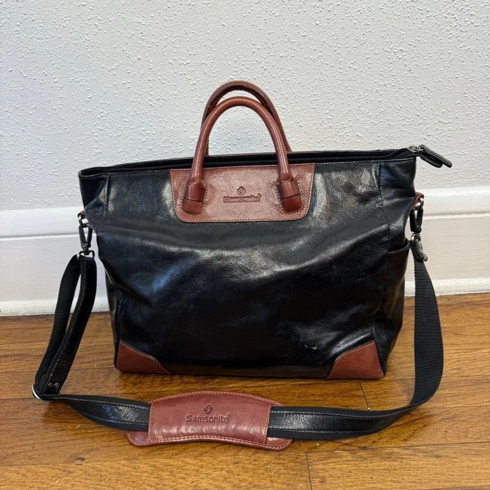 Vintage Samsonite Black Leather Travel Business Tote Bag With Shoulder Strap